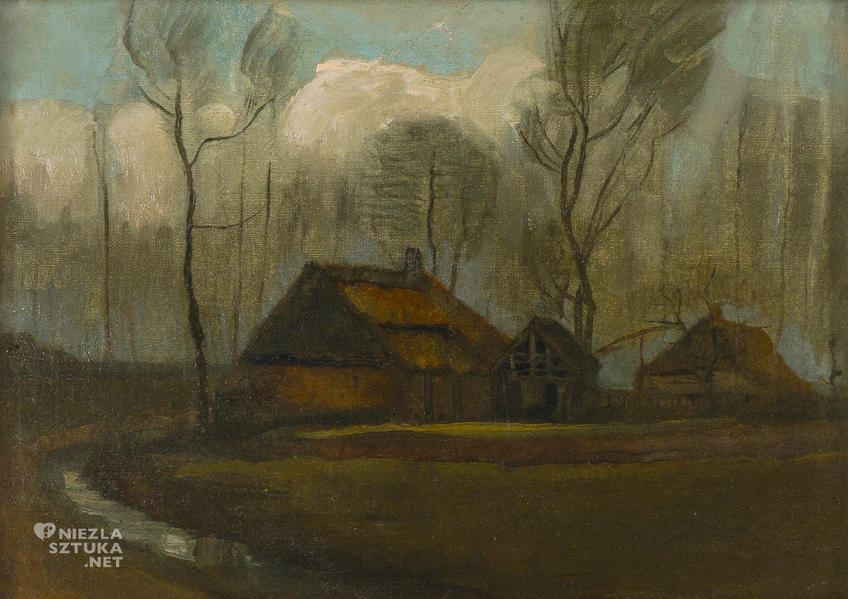 Vincent van Gogh, Wiejskie chaty pośród drzew, pejzaż, jesień w sztuce, wieś, Sztuka Niderlandzka, Niezła Sztuka