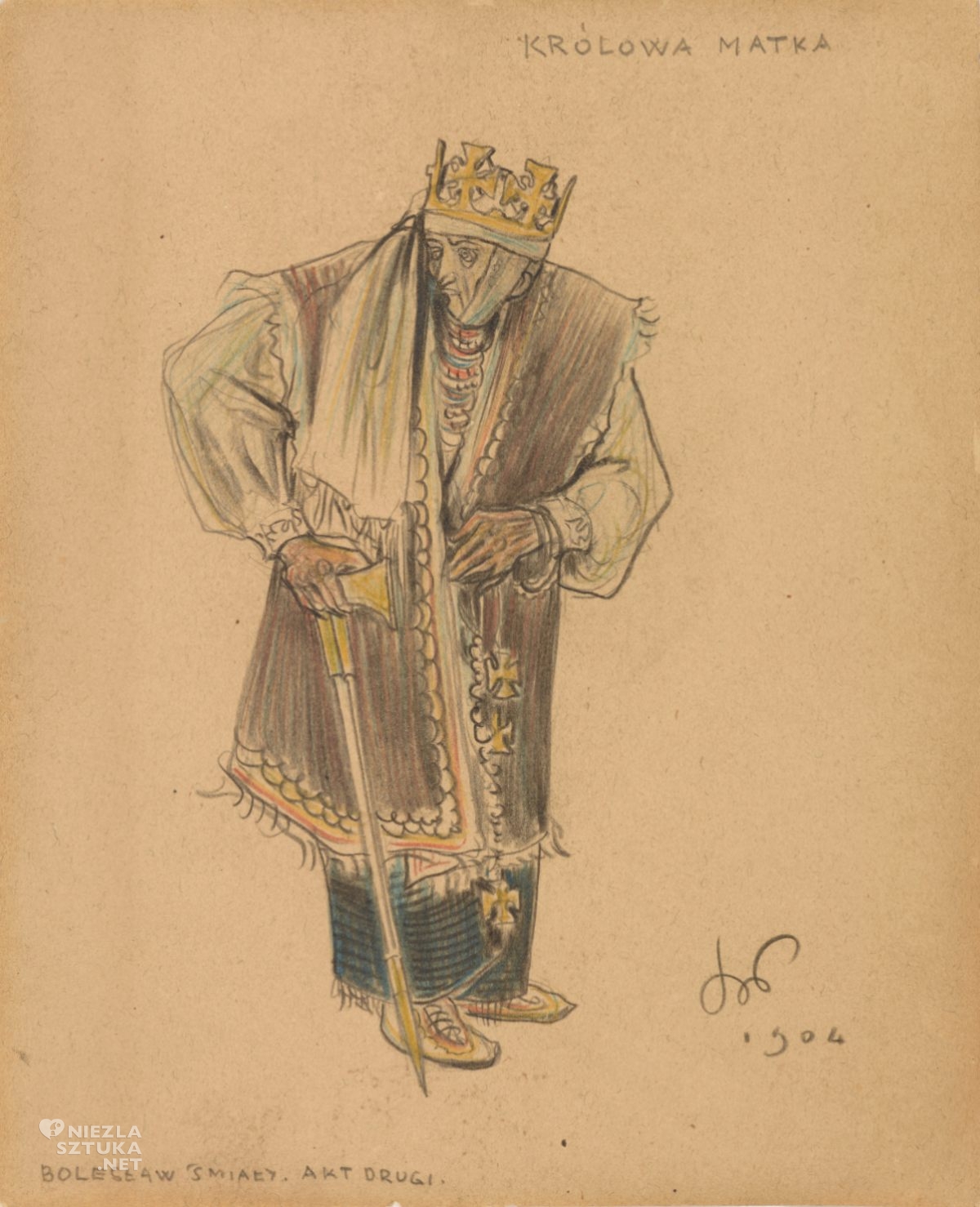 Stanisław Wyspiański, Królowa Matka, projekt kostiumu do Bolesław Śmiały, kostiumy sceniczne, teatr, rysunek, sztuka polska, niezła sztuka