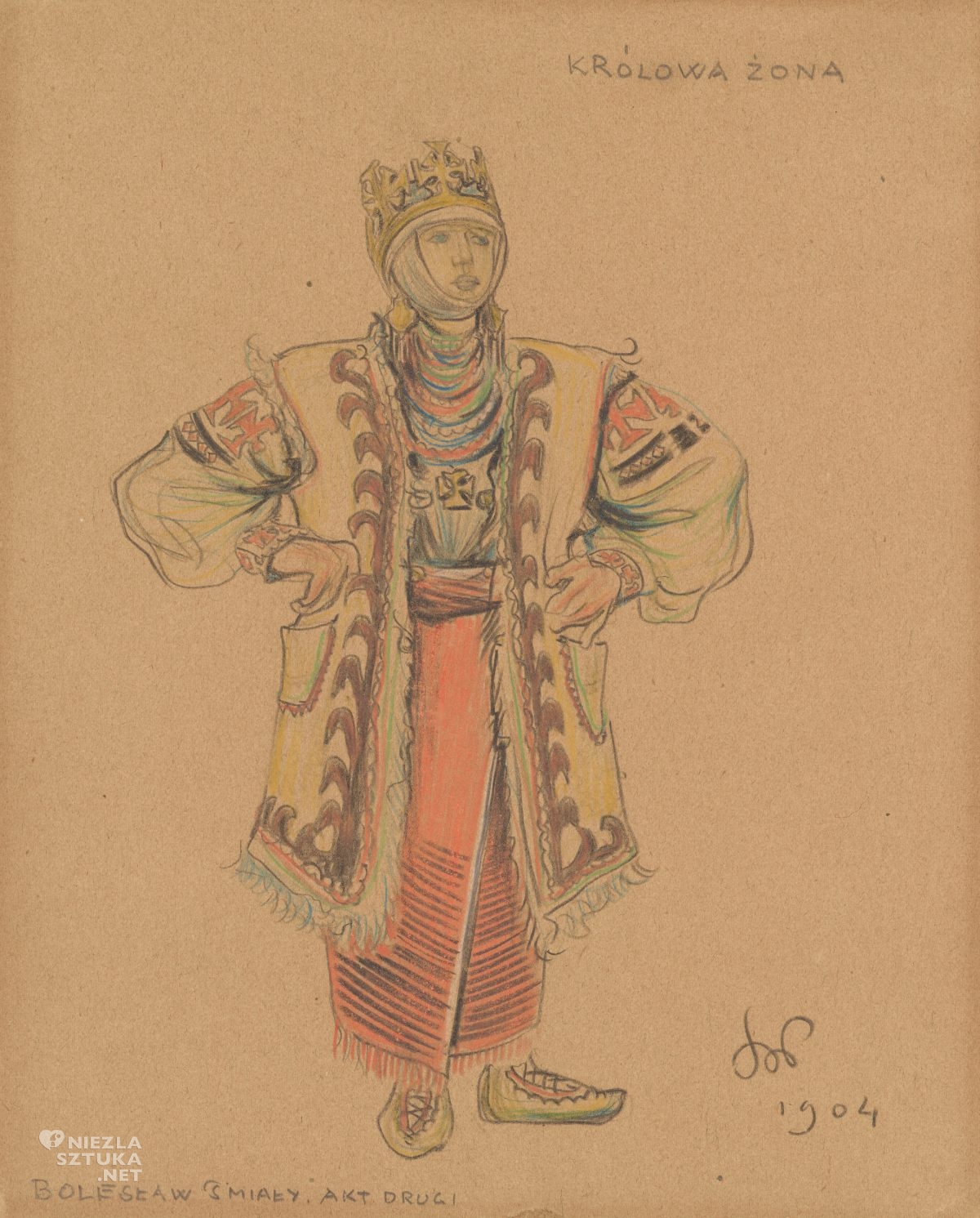 Stanisław Wyspiański, Królowa Żona, projekt kostiumu do Bolesław Śmiały, kostiumy sceniczne, teatr, rysunek, sztuka polska, niezła sztuka