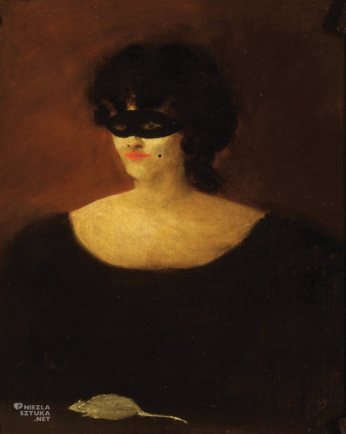 Aubrey Beardsley, Masked Woman with a White Mouse, olej, płótno, sztuka brytyjska, sztuka angielska, niezła sztuka