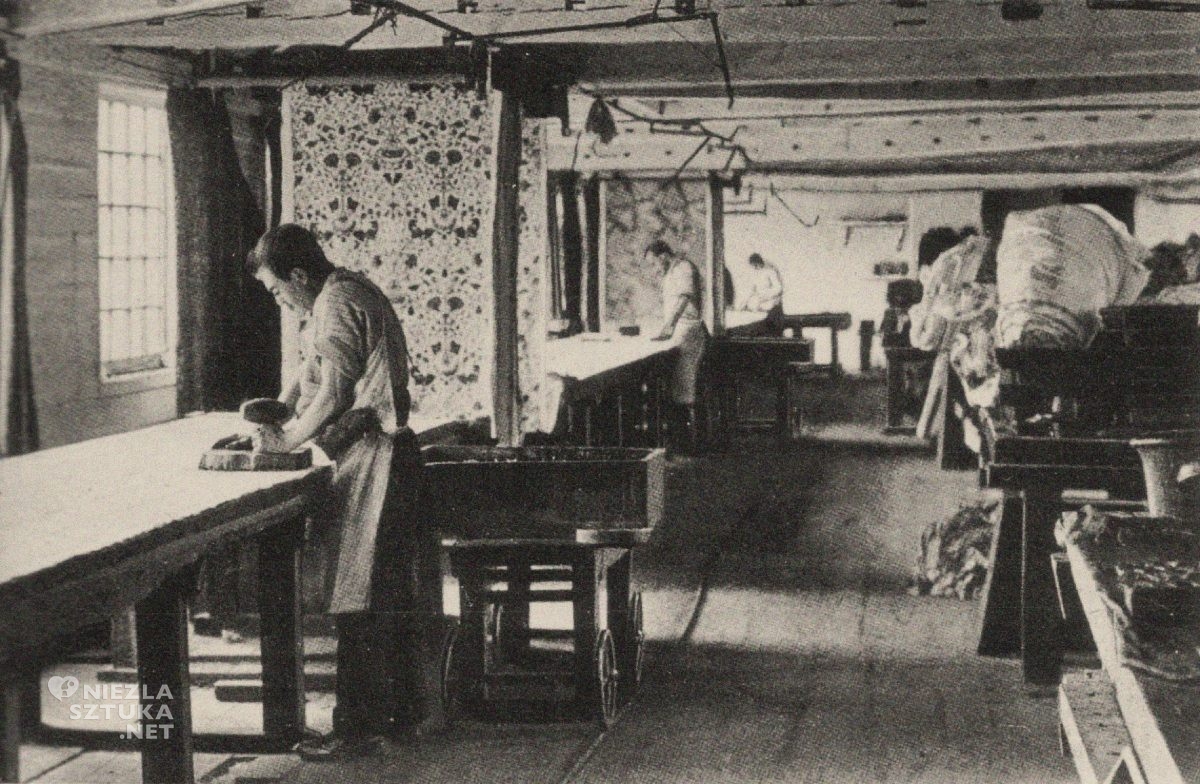 Drukowanie perkalu w Merton Abbey, William Morris, Arts and crafts, sztuka angielska, sztuka brytyjska, niezła sztuka niezła sztuka
