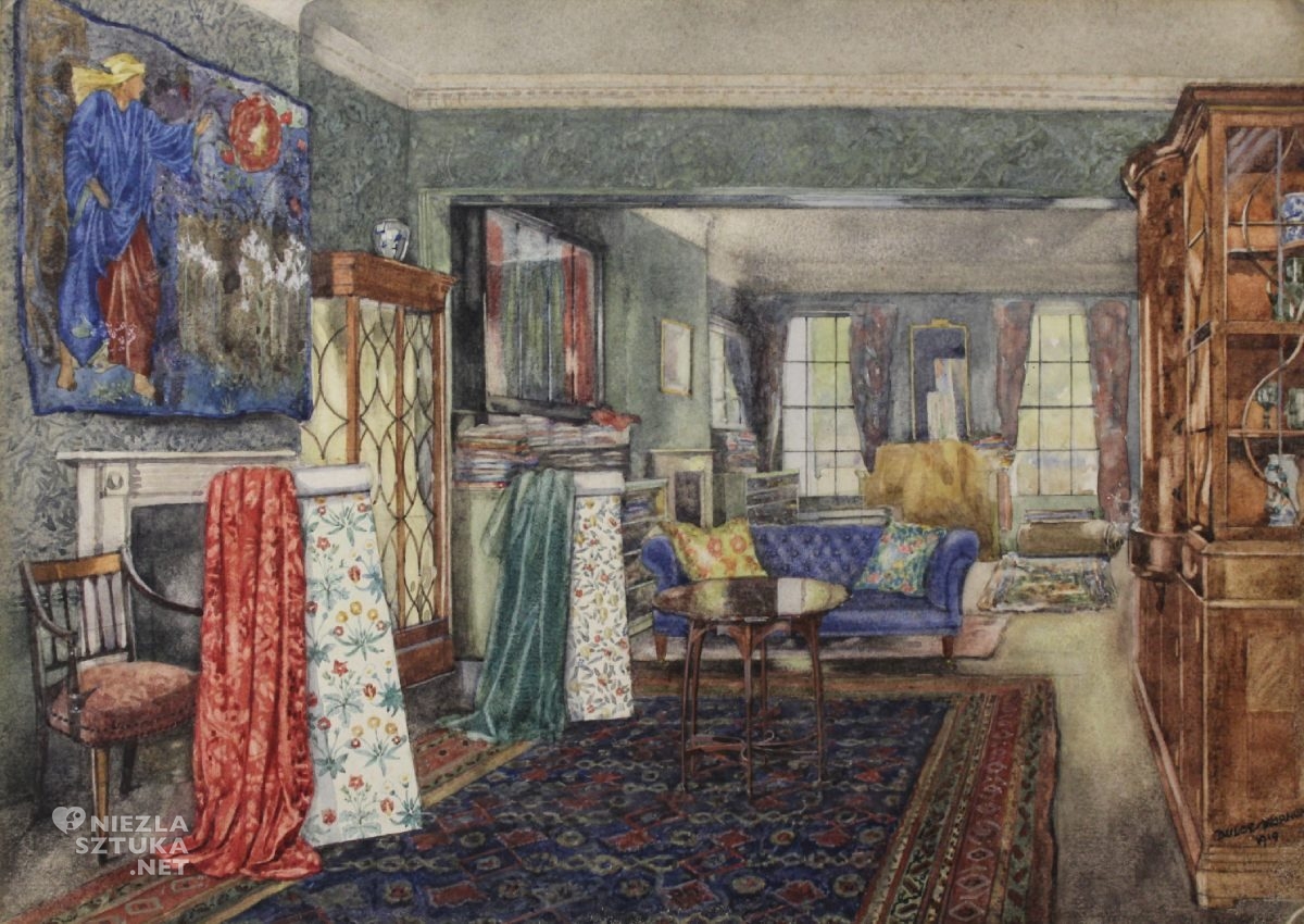 Dulce Wornum, Wnętrze salonu wystawowego Morris & Co. George Street, William Morris, Arts and crafts, sztuka angielska, sztuka brytyjska, niezła sztuka