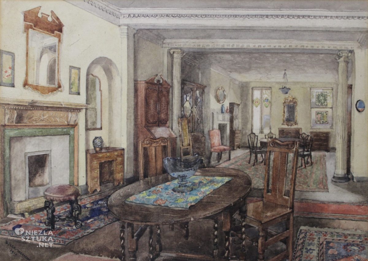 Dulce Wornum, Wnętrze salonu wystawowego Morris & Co. George Street, William Morris, Arts and crafts, sztuka angielska, sztuka brytyjska, niezła sztuka