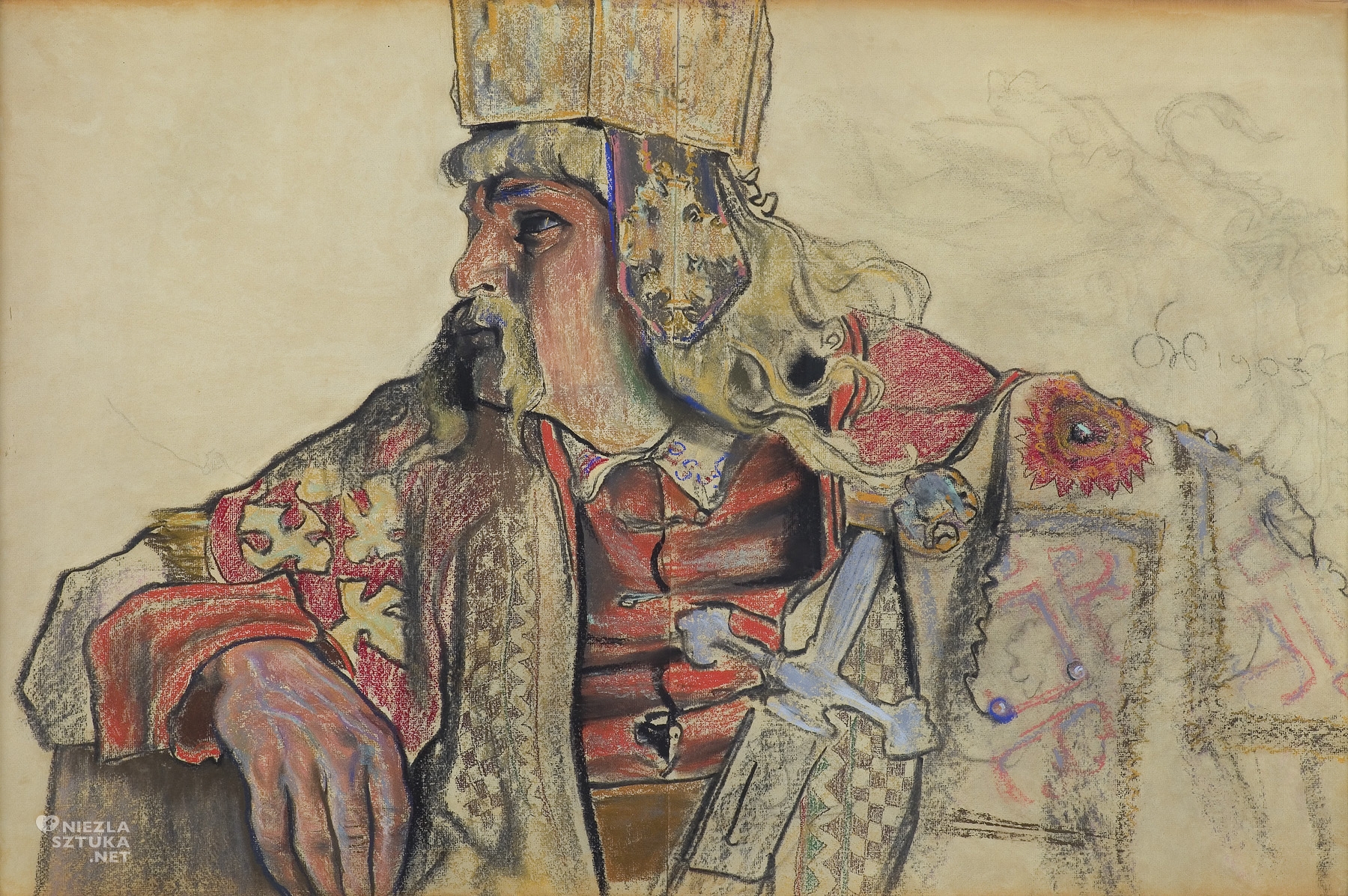 Stanisław Wyspiański, Józef Sosnowski w roli Króla Bolesława w sztuce Bolesław Śmiały, Król Bolesław, projekt kostiumu do Bolesław Śmiały, kostiumy sceniczne, teatr, rysunek, sztuka polska, niezła sztuka