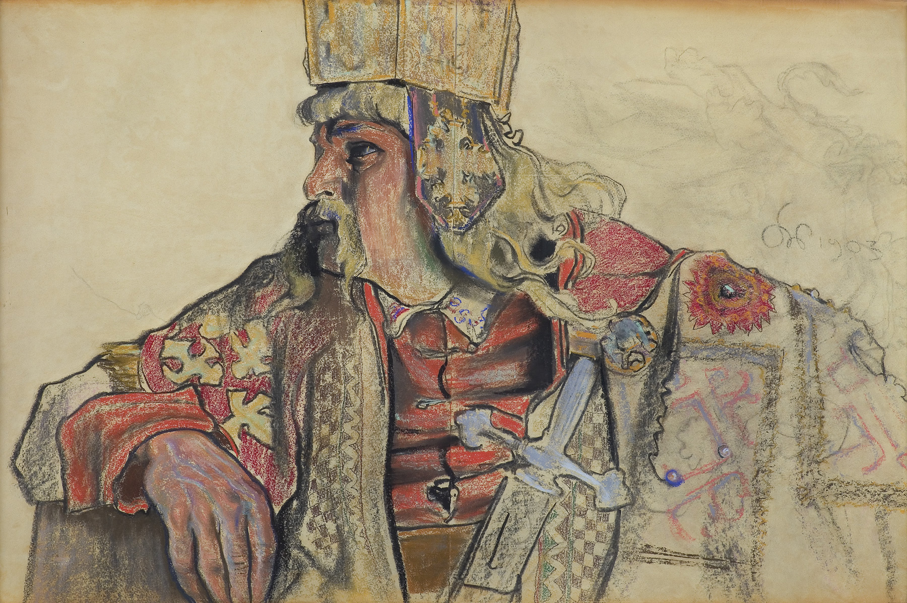 Stanisław Wyspiański, Józef Sosnowski w roli Króla Bolesława w sztuce Bolesław Śmiały, Król Bolesław, projekt kostiumu do Bolesław Śmiały, kostiumy sceniczne, teatr, rysunek, sztuka polska, niezła sztuka