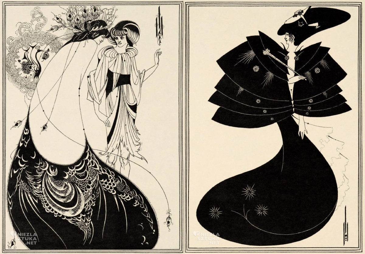 Aubrey Beardsley, The Peacock Skirt, Pawia spódnica, Czarna peleryna, The Black Cape, ilustracja do Salome, Oscar Wilde, sztuka brytyjska, sztuka angielska, niezła sztuka