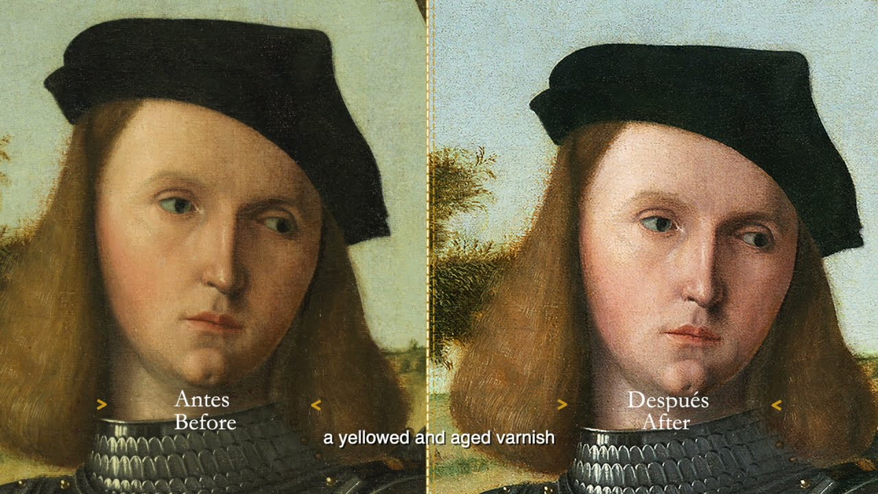 Vittore Carpaccio, Młody rycerz w pejzażu, portret młodego rycerza, sztuka średniowieczna, konserwacja, przed i po konserwacji, sztuka włoska, niezła sztuka