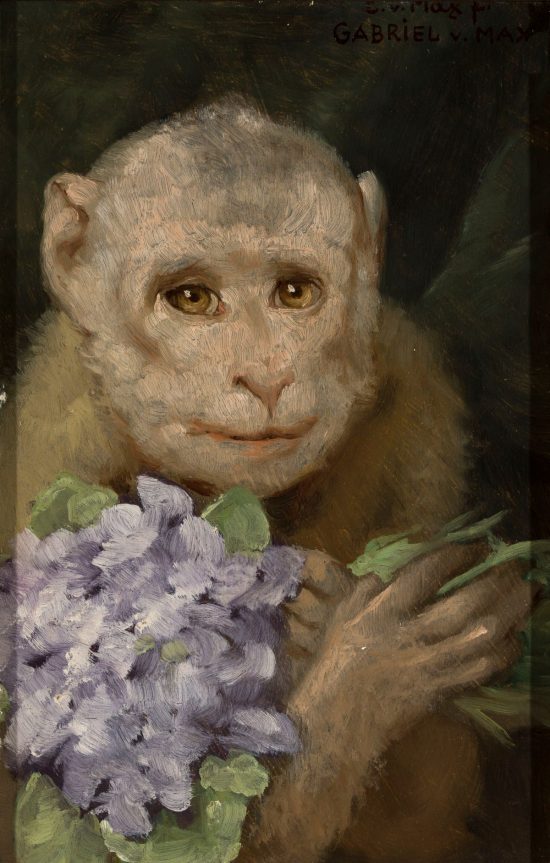 Gabriel von Max, Małpa z bukiecikiem fijołków, sztuka polska, rzeźba, zwierzęta w sztuce, niezła sztuka