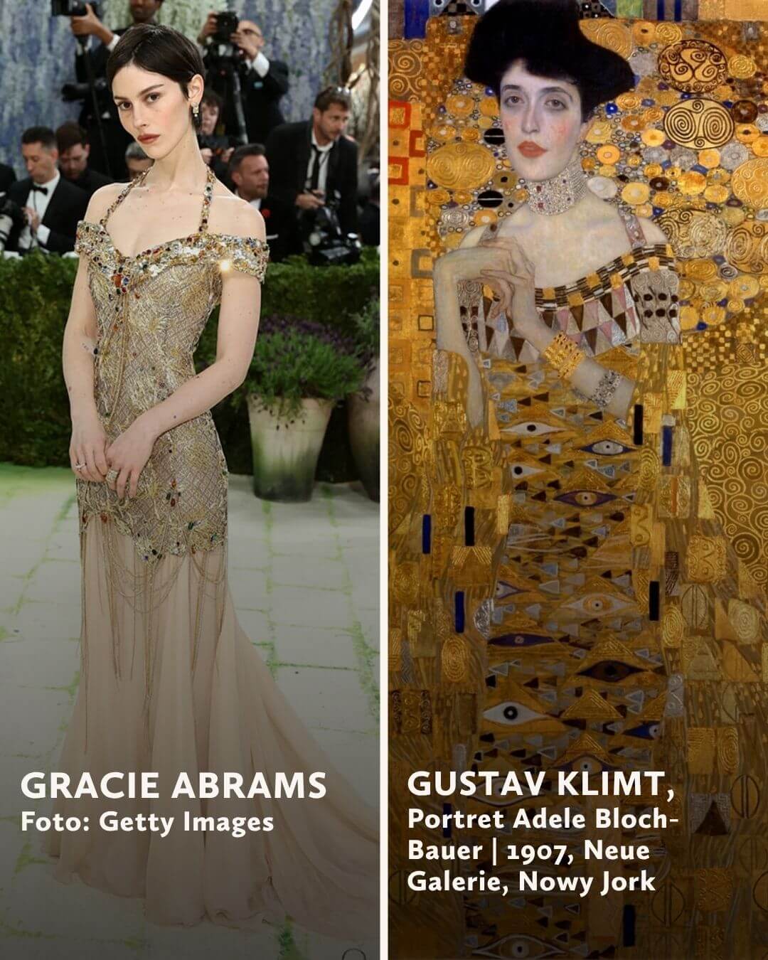 Gracie Abrams, Gustav Klimt, MET Gala 2026, stroje inspirowane sztuką, niezła sztuka