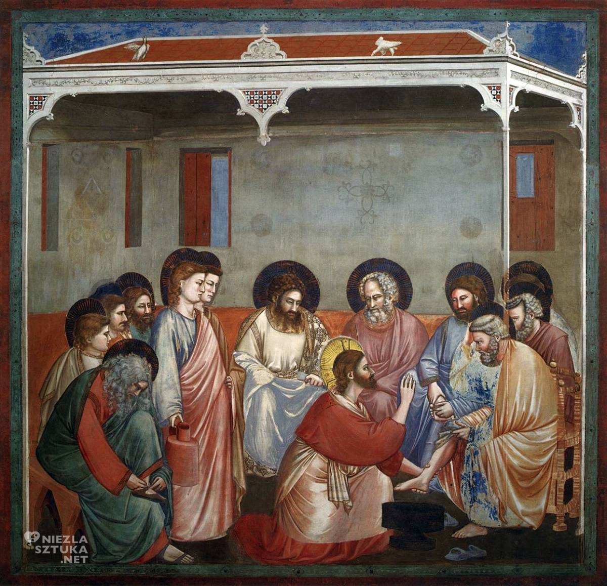 Giotto di Bondone, Chrystus umywa nogi apostołom, fresk z kaplicy Scrovegnich, sztuka religijna, motywy religijne, Biblia w malarstwie, fresk, niezła sztuka