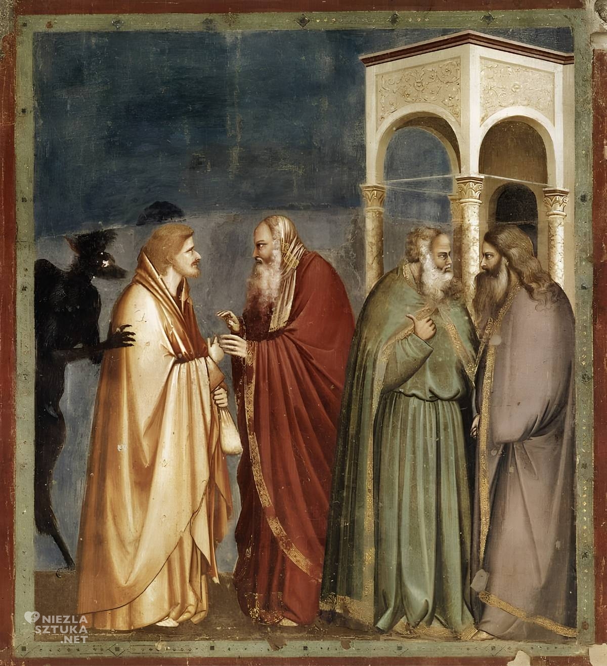 Giotto di Bondone, Wręczenie srebrników Judaszowi, fresk z kaplicy Scrovegnich, sztuka religijna, motywy religijne, Biblia w malarstwie, fresk, niezła sztuka
