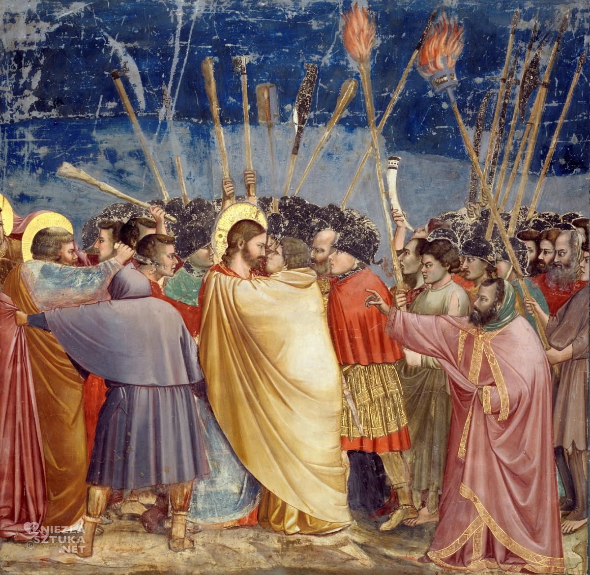 Giotto di Bondone, Pocałunek Judasza, fresk z kaplicy Scrovegnich, sztuka religijna, motywy religijne, Biblia w malarstwie, fresk, niezła sztuka