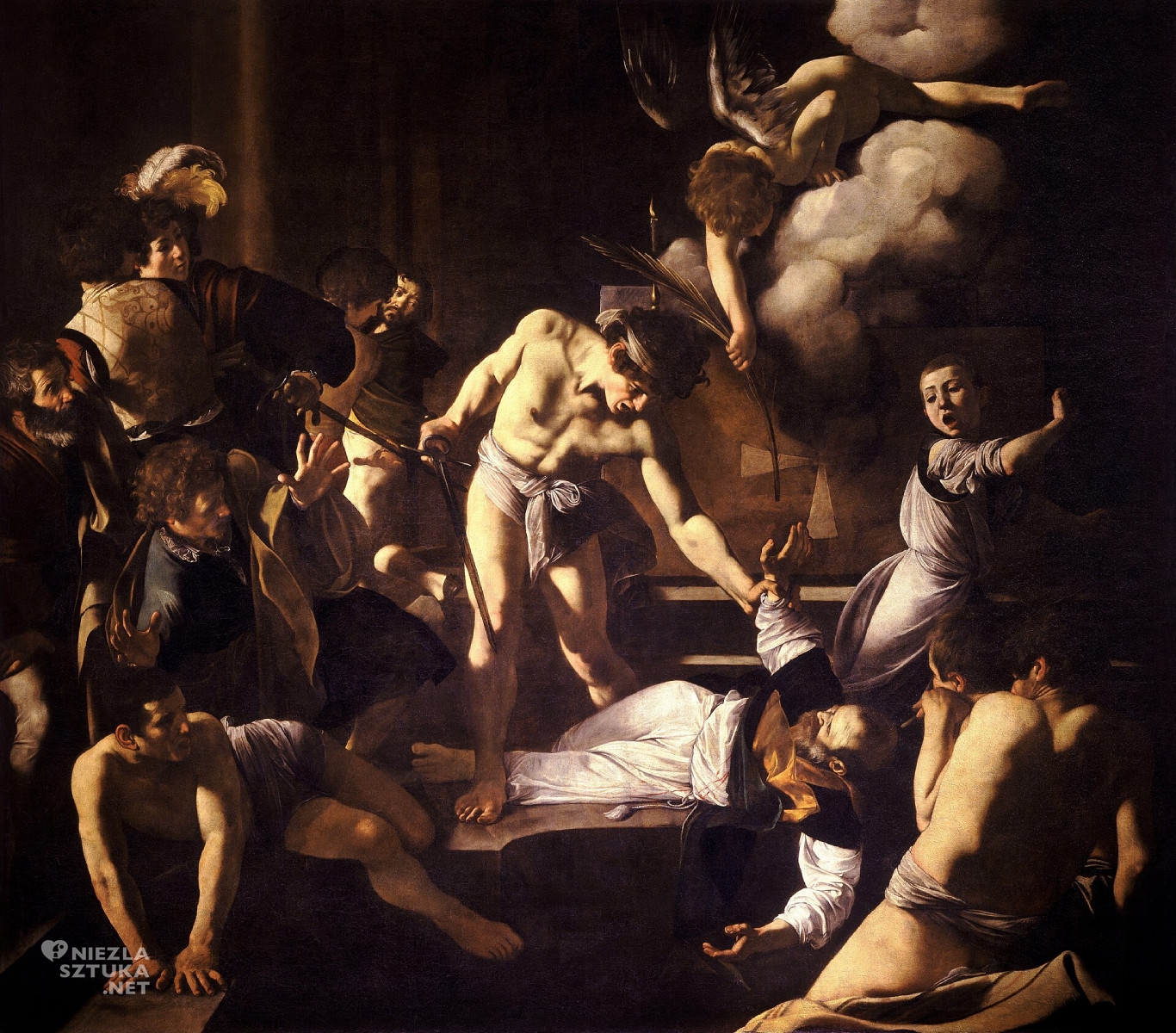 Caravaggio, Michelangelo Merisi, Męczeństwo świętego Mateusza, malarstwo religijne, barok, Niezła Sztuka Inspiracja świętego Mateusza, malarstwo religijne, barok, Niezła Sztuka