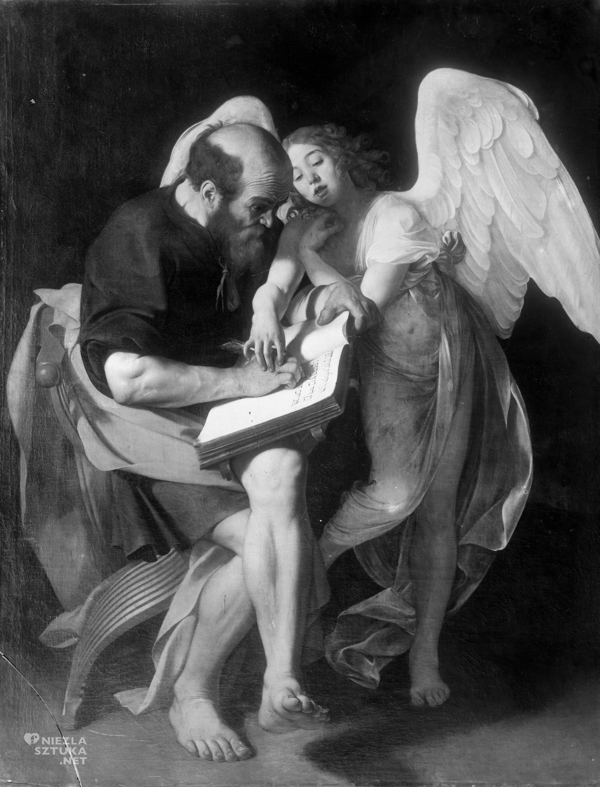 Caravaggio, Michelangelo Merisi, Mateusz Ewangelista, malarstwo religijne, barok, Niezła Sztuka Inspiracja świętego Mateusza, malarstwo religijne, barok, Niezła Sztuka