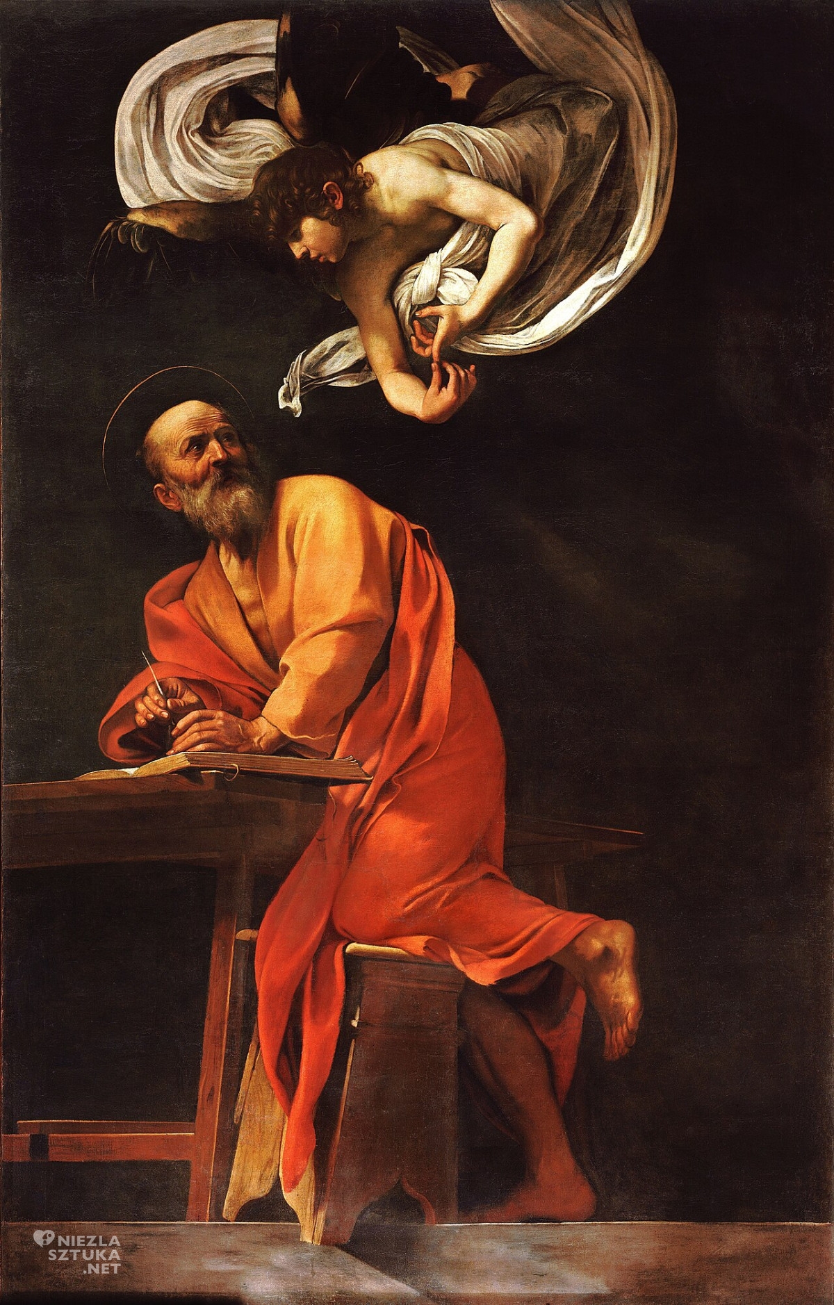 Caravaggio, Michelangelo Merisi, Święty Mateusz i anioł, malarstwo religijne, barok, Niezła Sztuka Inspiracja świętego Mateusza, malarstwo religijne, barok, Niezła Sztuka