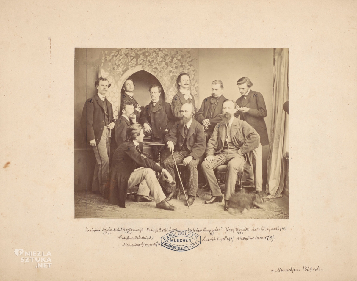 Portret zbiorowy artystów polskich w Monachium: Kazimierz Szolc, Michał Hertz, Henryk Redlich, Władysław Malecki, Aleksander Gierymski, Bolesław Łaszczyński, Józef Brandt, Maksymilian Gierymski, Ludwik Kurella, Władysław Szerner, Carl Holzer, fotografia, zdjęcie, archiwum, niezła sztuka