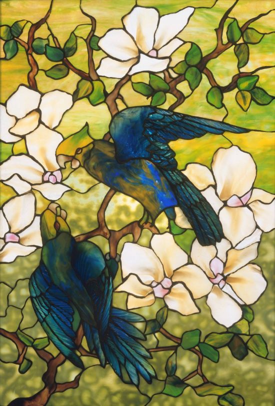 Hibiskus i papugi, Louis Comfort Tiffany, Flora i fauna, witraż, Niezła Sztuka