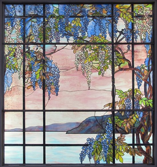 Witraż w oknie Laurelton Hall, Louis Comfort Tiffany, krajobraz, Niezła Sztuka